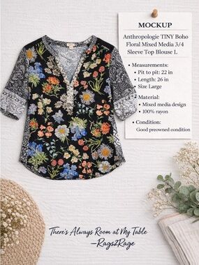 Anthropologie TINY Boho Floral Mixed Media 3/4 Sleeve Top Blouse L
